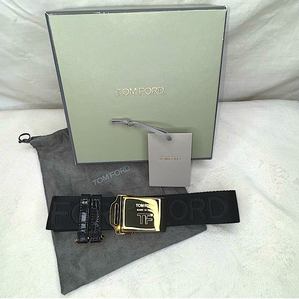 NWT TOM FORD debossed-logo buckle belt black gold-tone hardware size Medium